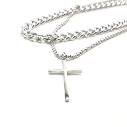 Layered Cuban and Box Chain Cross Necklace