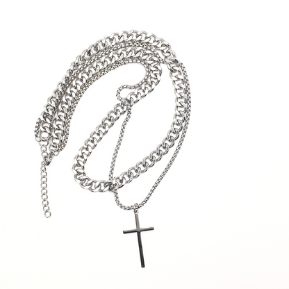 Layered Cuban and Box Chain Cross Necklace