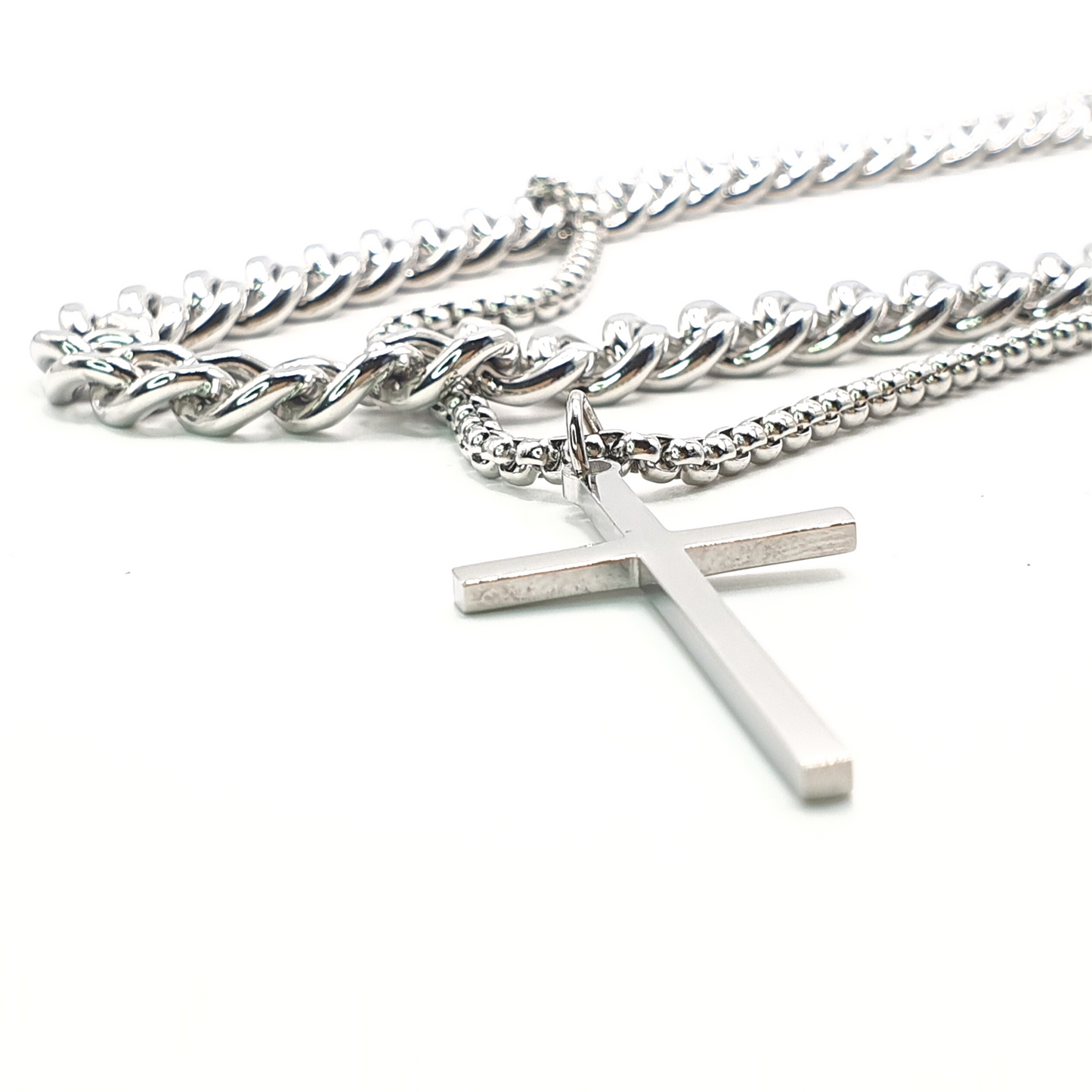 Layered Cuban and Box Chain Cross Necklace