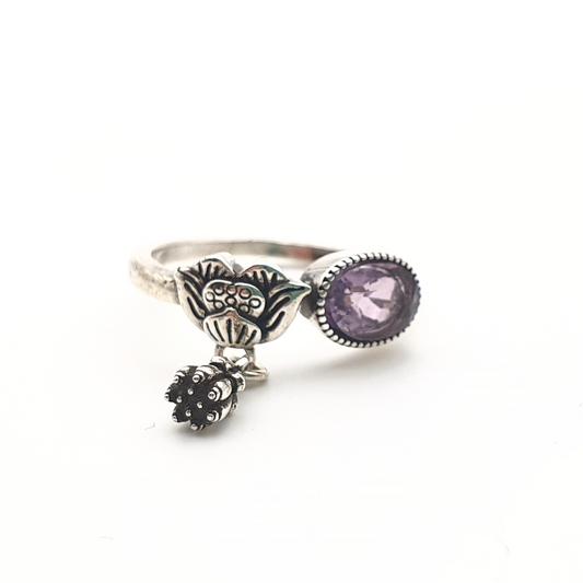 Lotus and Amethyst Ring Silver Tone