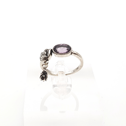 Lotus and Amethyst Ring Silver Tone