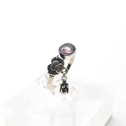 Lotus and Amethyst Ring Silver Tone