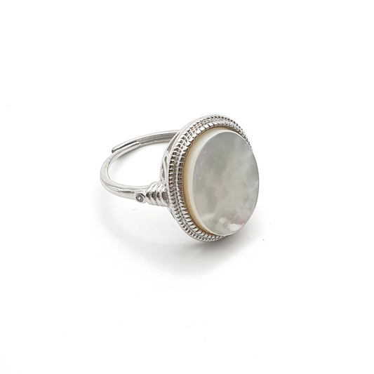 Mother of Pearl Flat Lay Oval Adjustable Ring Silver Tone