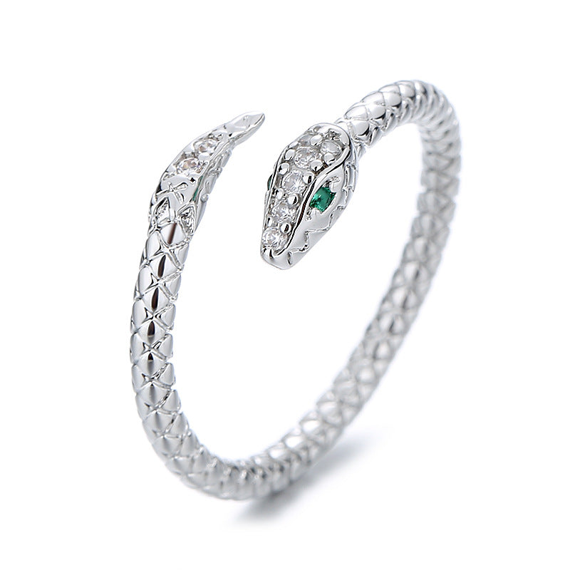 Green Eyed Snake Ring - Silver