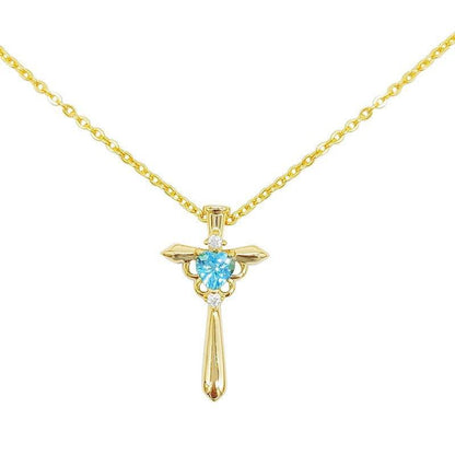 Simulated Aquamarine Heart Cross Pendant Necklace